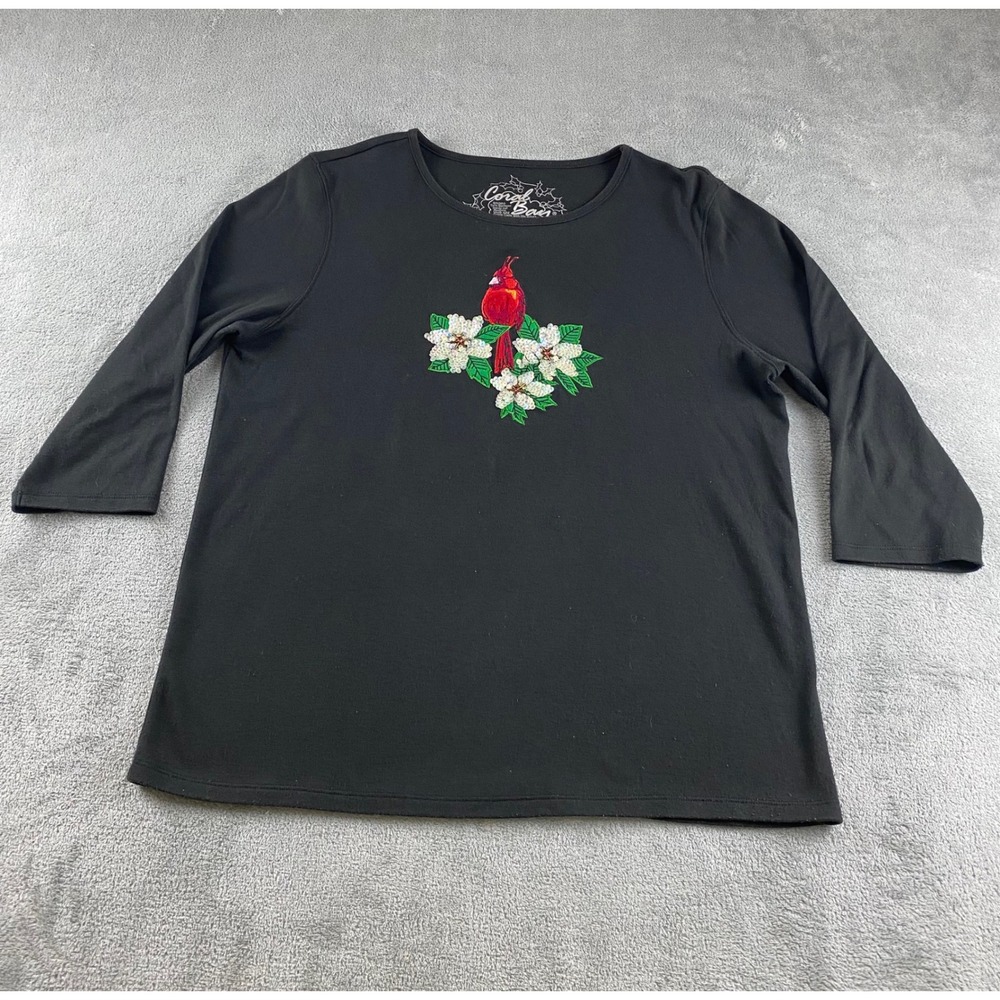 Coral Bay Black Cardinal Bird Flower 3/4 Sleeve Missy Top Large